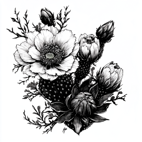 A delicate, feminine cactus illustration in black ink