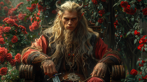 A demon with blond hair sits in chair