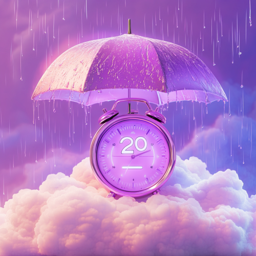 A desk clock showing 2:00 in clouds