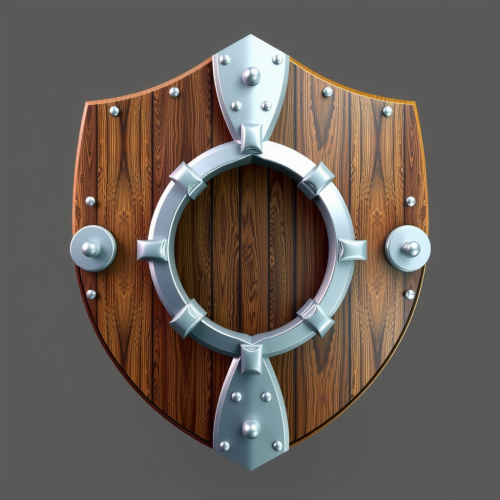 A detailed 3D shield made of wood and metal.