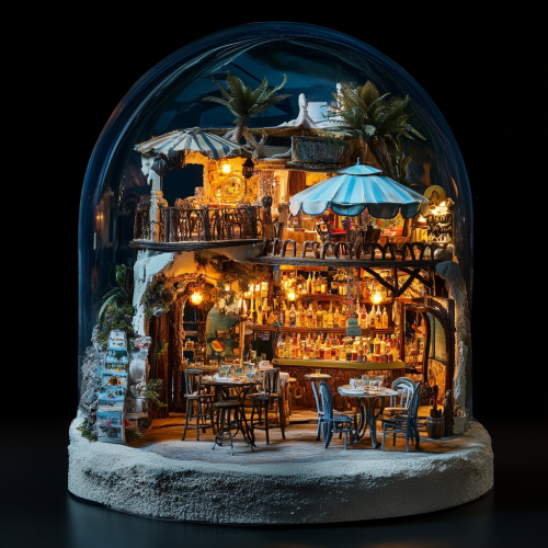 A detailed beach bar diorama under glass dome.