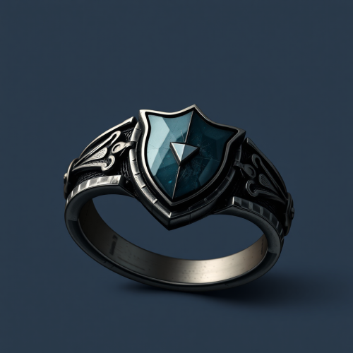 A detailed dark metal ring with shield design.