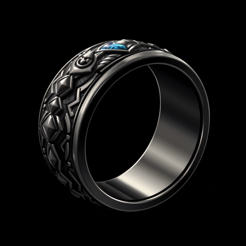 A detailed dark metal ring with shield design.
