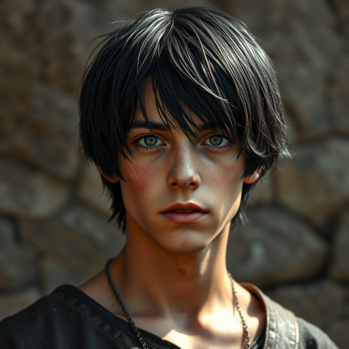 A dirty faced medieval teen with bob haircut.