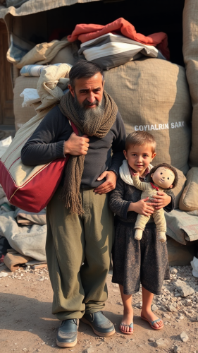 A displaced Gaza family with father, child, belongings.