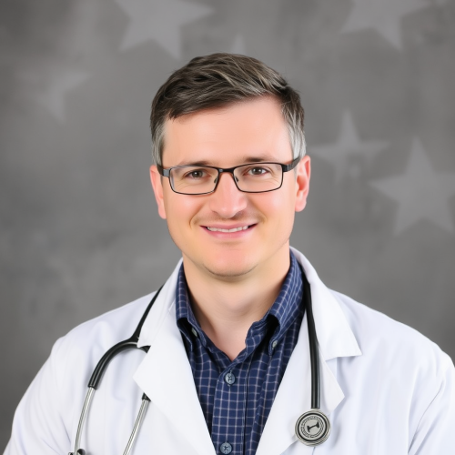 A doctor named Michal Vocka in his office.