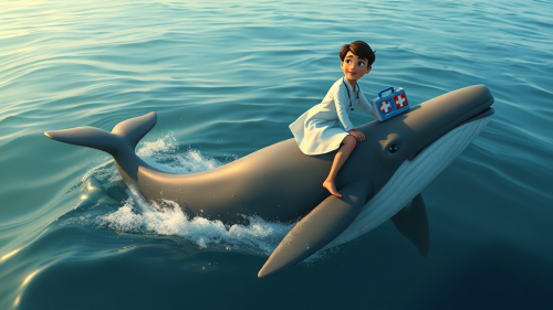 A doctor rides whale with first aid kit.