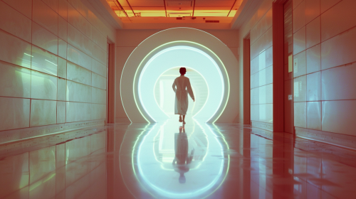 A doctor steps through portal from old to new