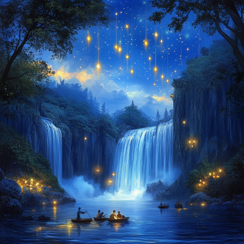 A dreamy waterfall scene with glowing trees and stars.