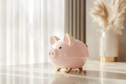 A elegant pink piggy bank with gold accents