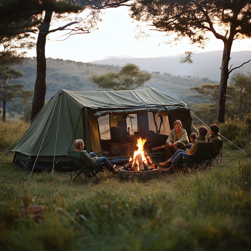 A family camping in decorated tent in bushveld
