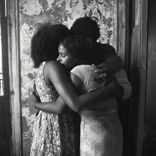 A family in old house hugging