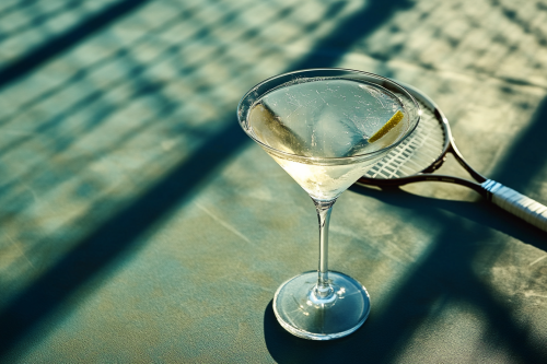 A fancy martini on tennis racket in retro-chic court