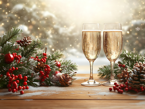 A fancy table with glasses and Christmas decorations