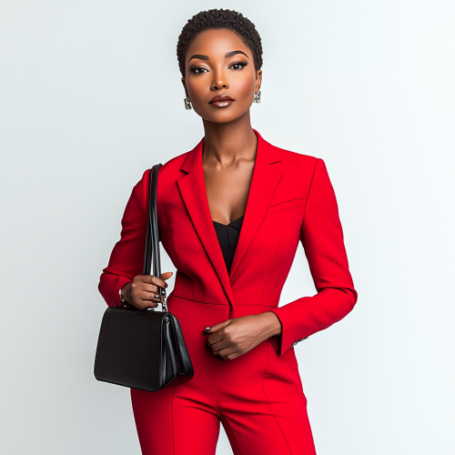 A fashionable black woman in red suit poses confidently