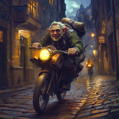 A fast Uber Eats rider in fantasy clothes