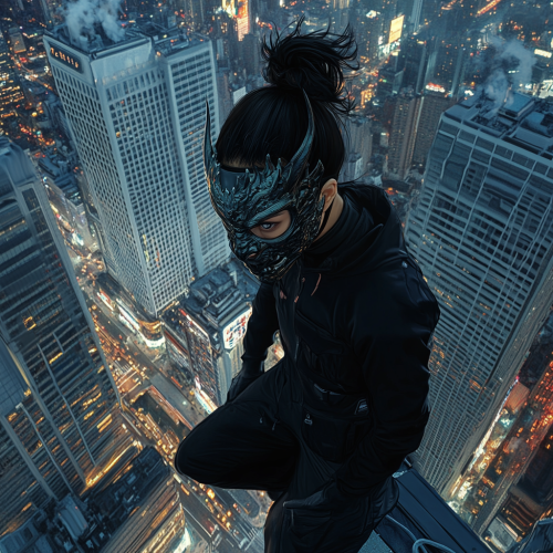 A female Asian superhero in dragon mask stands tall