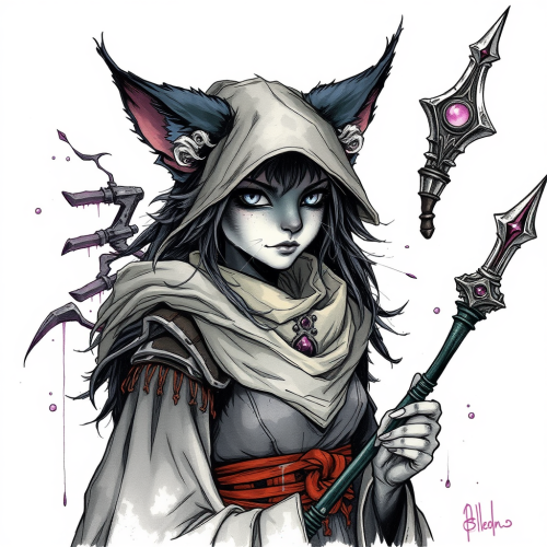A female cat sorcerer with dark fur and staff.