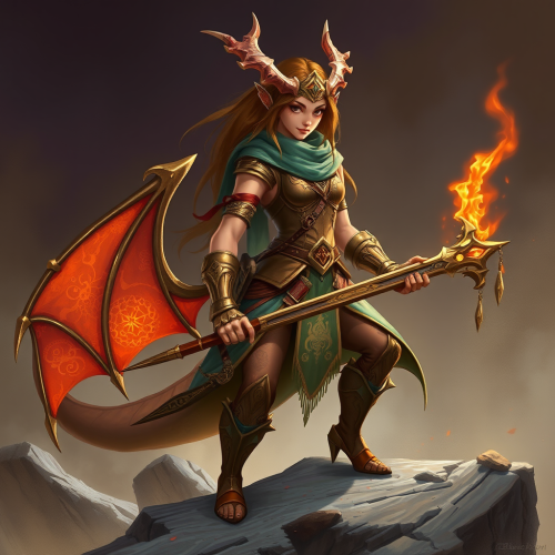 A female dragonborn bard with copper scales.