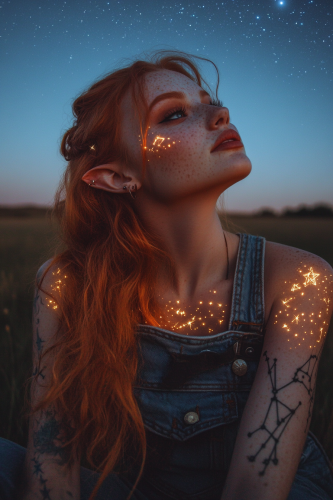 A female half elf druid with wavy red hair