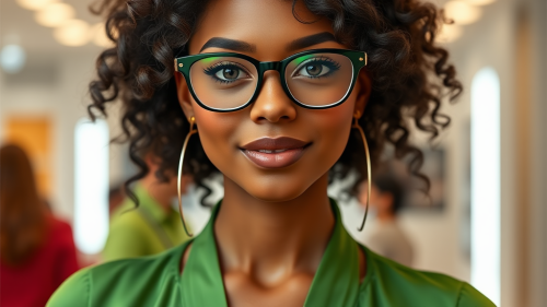 A female hostess in green clothes for congress.