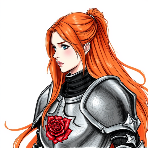 A female knight with long auburn hair.