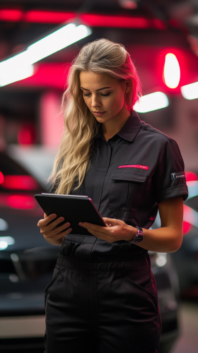 A female mechanic is checking Tesla diagnostics