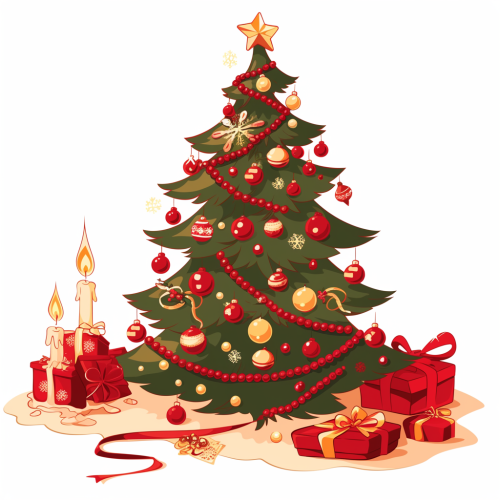 A festive Christmas tree with colorful decorations and gifts