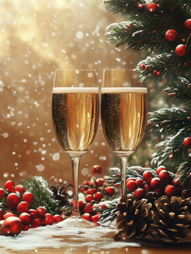 A festive table with champagne and decorations