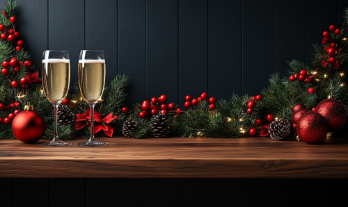 A festive table with champagne glasses and decorations