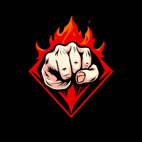 A fiery fist holds a red diamond.