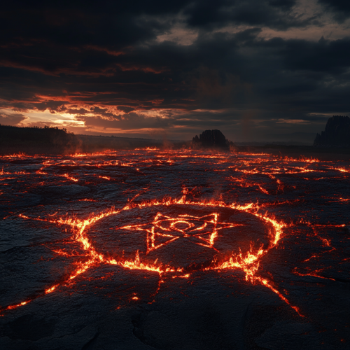 A fiery landscape filled with evil symbols