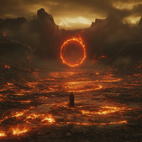 A fiery vision of hell in wide landscape