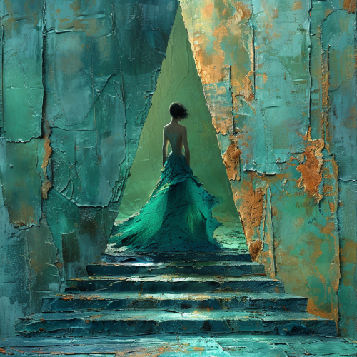 A figure in blue dress in magical realism