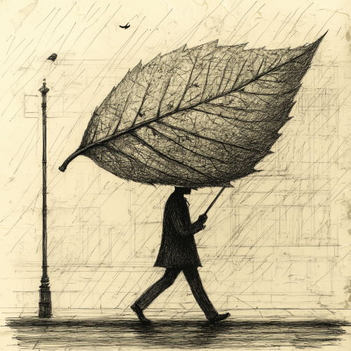A figure with leaf umbrella walks in rain