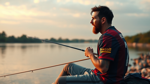 A football player in Barcelona jersey fishing by river. A football player in Barcelona jersey fishing by river.