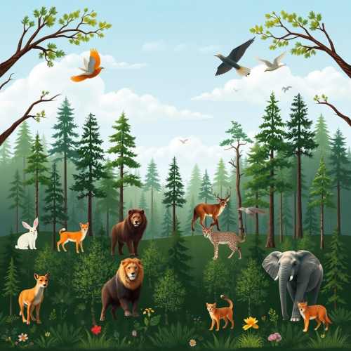 A forest with various animals under clear sky. A forest with various animals under clear sky.
