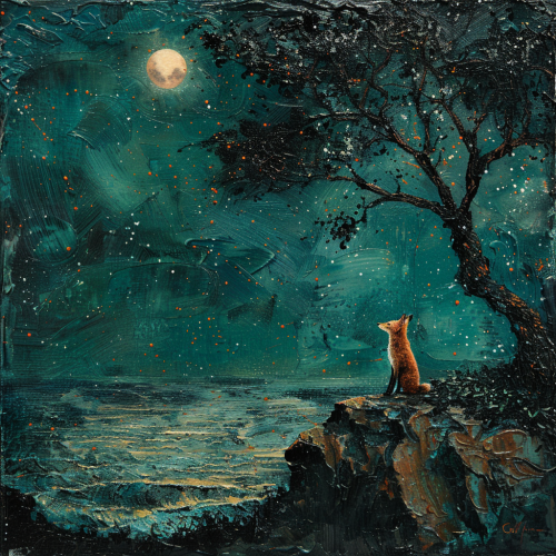 A fox gazes at full moon on cliff