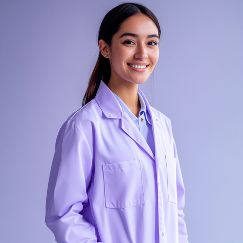 A friendly woman in a purple lab coat