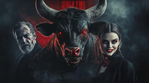 A frightening movie poster with bull, vampire, priest