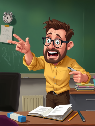 A funny teacher teaches students with exaggeration.