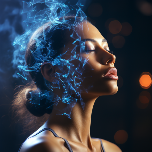 A futuristic digital human head emitting data streams.