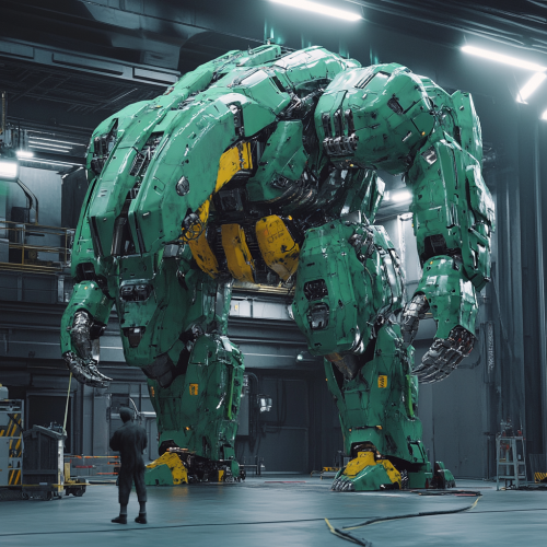 A futuristic green mech resembling a tyrannosaurus