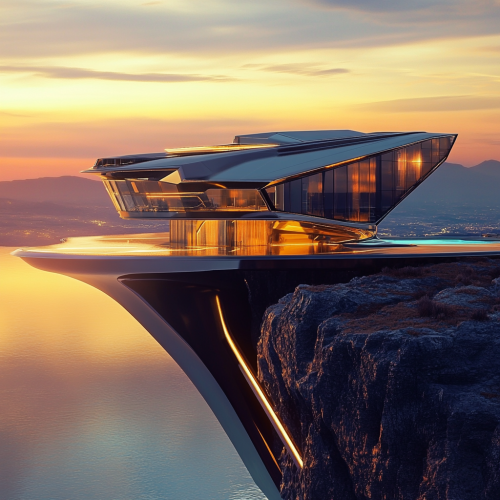 A futuristic mansion at sunset with opulent pool