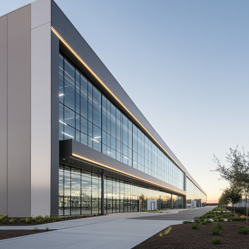 A futuristic manufacturing plant with high-tech equipment inside