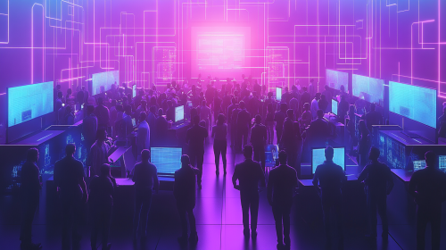 A futuristic office with neon lights and crowd