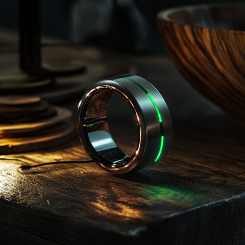 A futuristic ring on wooden table with technology features.