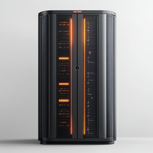 A futuristic server rack on white background