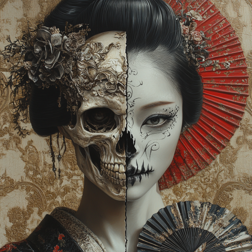 A geisha with half skeleton, half human face