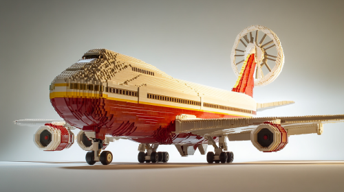 A giant Lego Boeing 747 in white studio